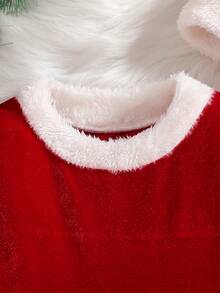 2pcs Girls Winter Plush Contrast Color Waistband Long Sleeve Elegant Christmas Dress & Hat Set