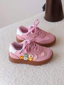 1 双女童花卉图案休闲运动鞋，软底学生运动鞋，秋季 - 粉色 - 查看 5