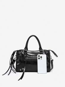 1 pieza Bolso de motocicleta estilo Boston de cuero sintético con efecto agrietado, decorado con remaches, estilo retro Y2K punk biker, con múltiples bolsillos, adecuado para salidas, citas y fiestas