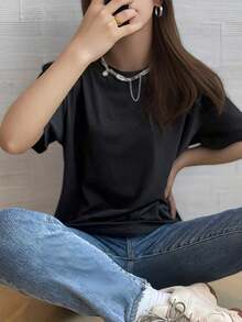 Small Shoulder Drop Short-Sleeved-Shirt Solid Color Black Loose Casual - màu đen - Xem 5