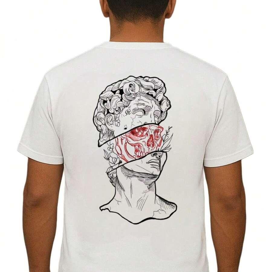 Camiseta manga corta holgada con estampado de moda para hombre de estatua dibujo calavera fácil de combinar Diseño exquisito *muestra tu estilo* - Blanco - Ver 1