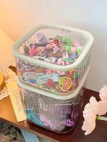 صندوق تخزين ملحقات الشعر على المكتب مع غطاء، صندوق مجوهرات، منظم ربطات الشعر والكليبسات للأطفال، رف شفاف بتصميم بسيط