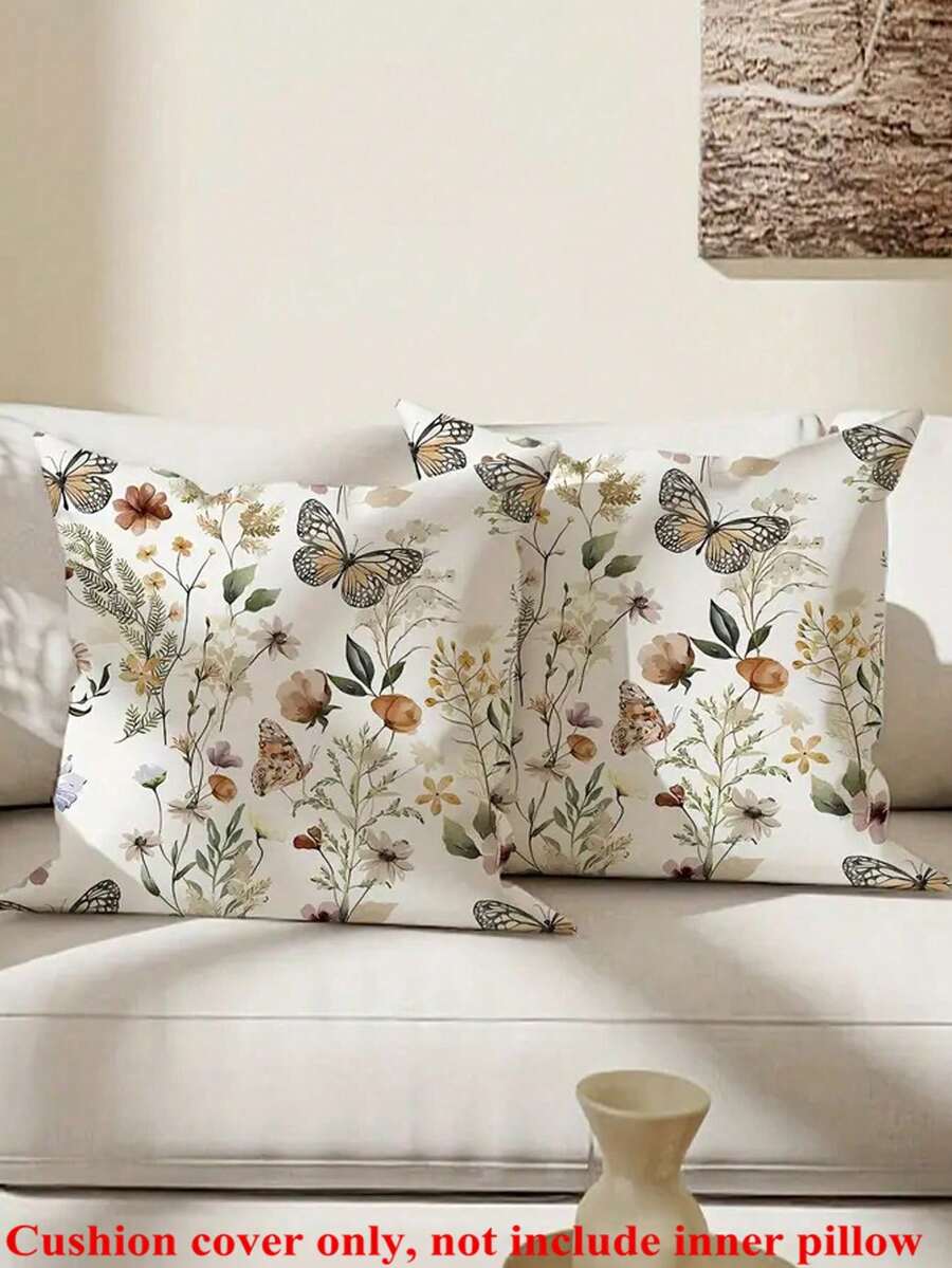 2 pezzi Federe decorative per cuscini con motivi floreali e farfalle verdi, 45x45cm, copricuscini per soggiorno, camera da letto, divano, letto, decorazione per feste di primavera (Imbottitura cuscini non inclusa) - Castano - Visualizzare 1