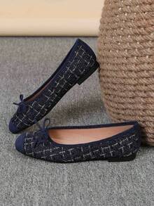 Women's Ballet Flats, Fashionable Square Toe Slip-On Soft Bottom Shoes, Versatile Flat Shoes, Blue & Gold Plaid Bow Flat Loafers, Size Run Large, Plus Size 35-43