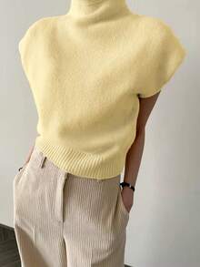 EAVA 女士冬季法式优雅高领毛衣背心 复古老钱风宽松休闲百搭无袖针织毛衣背心，情人节，女士情人节穿搭，情人节服装 - 黃色 - 查看 6