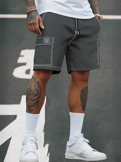 1 件男士拼色印花休闲短裤，户外运动、慢跑、街头、运动、健身、宽松版型、百搭、街头服饰、夏季海滩度假短裤