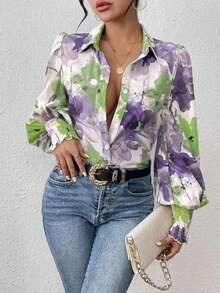 Women's All-Over Floral Print Button Down Casual Shirt Vacation Spring - Purple - View 2