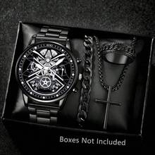 1 Set Men's Quartz Watch, Zinc Alloy Case & Chain, Round Dial, Electronic Pointer Display, Includes Pendant Necklace, Bracelet And Ring. Ideal Birthday Gift, Suitable For Daily Wear, Birthday, Party, Holiday Gathering, Perfect For Yourself Or Friends. No Packaging Box. - Black - View 8