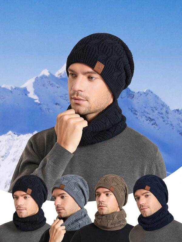 Men's Warm Hat & Scarf Set, Fleece Lined Knit Beanie Hat, Thick Knitted Cap For Autumn/Winter