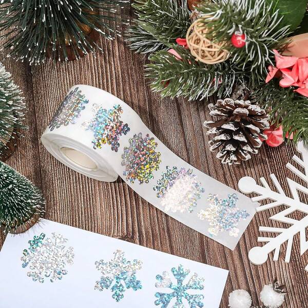 Rouleau d'autocollants flocons de neige de Noël, autocollants à pois non collants et autoadhésifs pour emballage cadeau, décoration de fête