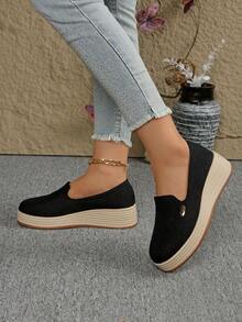 Mocasines casuales de mujer, zapatos de plataforma con cuña tejidos de cuerda de lino sintético - Negro - Ver 3