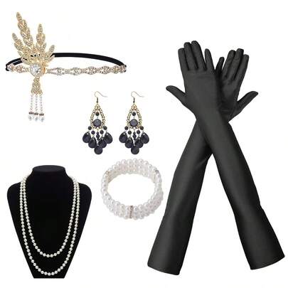 طقم إكسسوارات عصر ال- 1920، مجموعة من 5 قطع من إكسسوارات المرأة على طراز غاتسبي، شريط رأس كوستيوم فينتاج مزين باللؤلؤ مع قلادة، أقراط، سوار، قفازات طويلة، إكسسوارات لزي حفلة تنكرية على طراز عصر ال- 1920