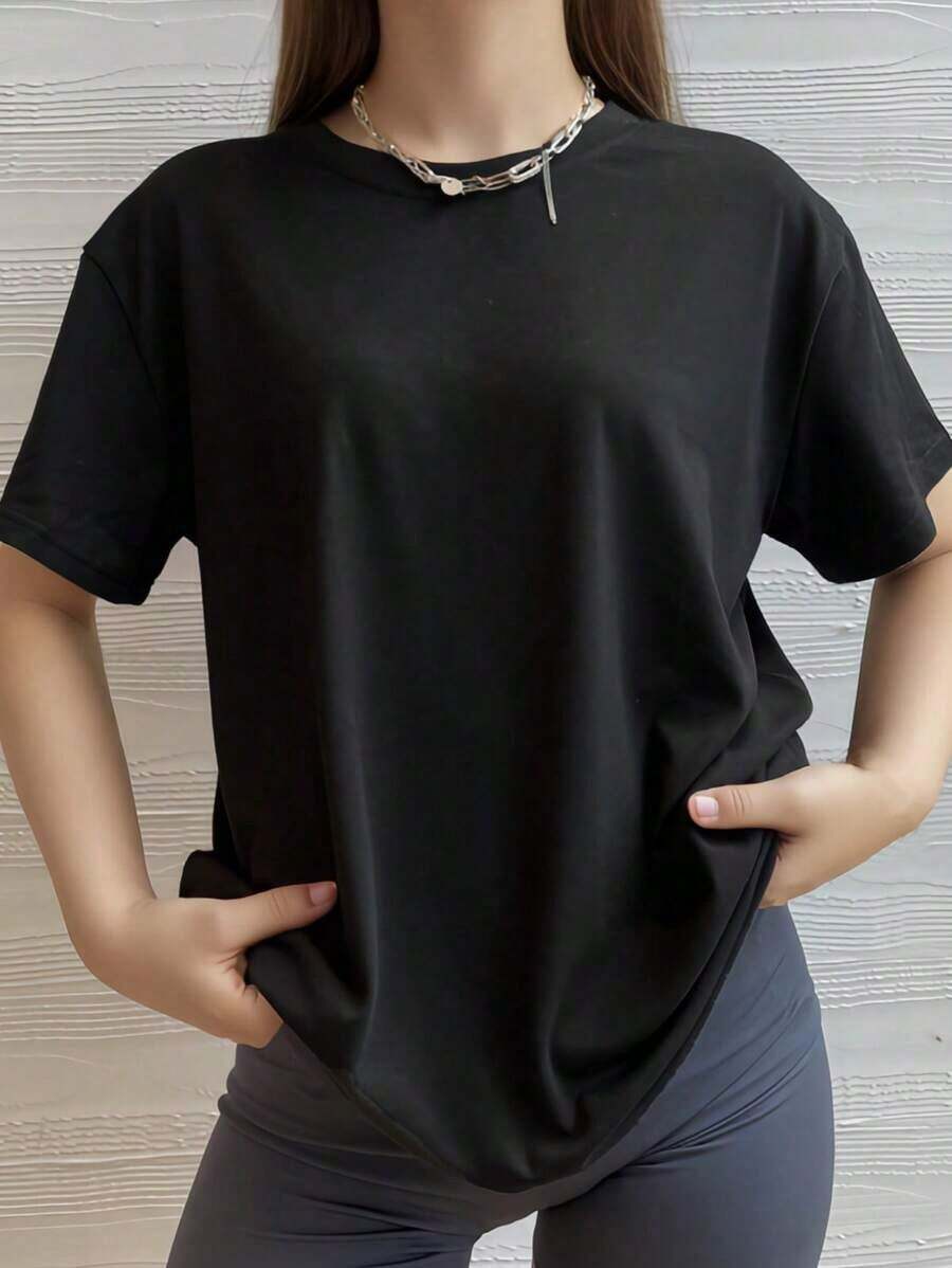 Small Shoulder Drop Short-Sleeved-Shirt Solid Color Black Loose Casual - màu đen - Xem 1