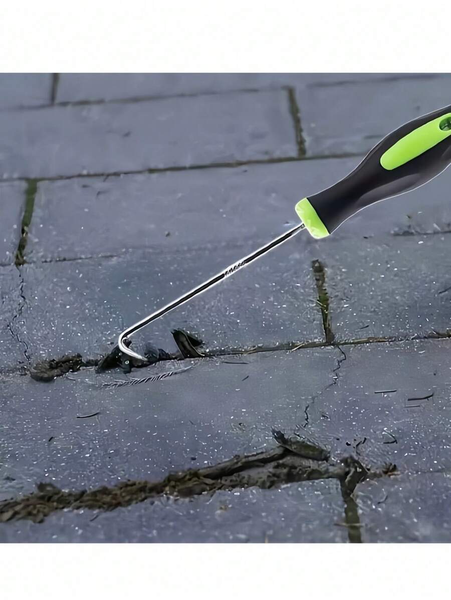 1 pièce Outil de retrait de joint en métal robuste - Poignée verte et noire. Outil de desserrage pour pelouse, fissures de paysagement et joints de pavage, remplacement de bande de grillage. Crochet pour retirer les bandes de joint de porte et fenêtre. Outil de retrait de bande . Idéal pour le désherbage et le retrait.