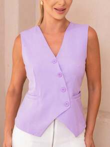 Asymmetrical Vest With Pocket And 4 Twill Buttons - 紫丁香色 - 查看 5