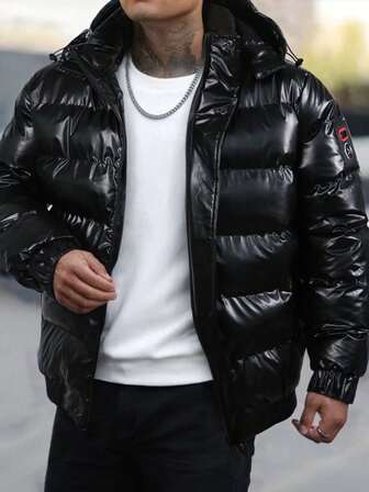 Abrigo de cuero sintético con capucha desmontable y acolchado para hombres, uso diario casual, moda callejera, otoño e invierno