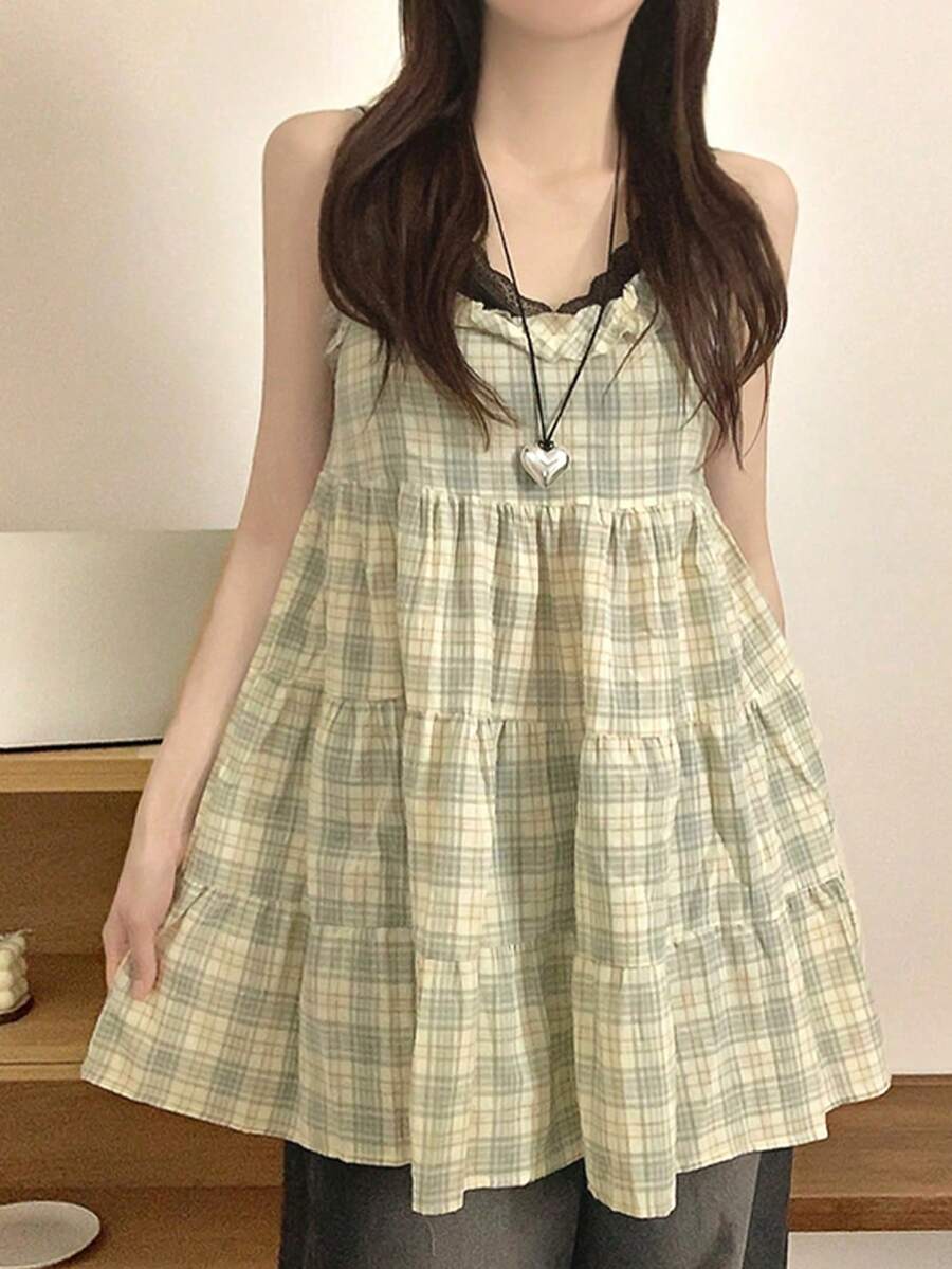 2025年夏季新款格纹百搭女士休闲简约吊带背心 - 卡其色 - 查看 1