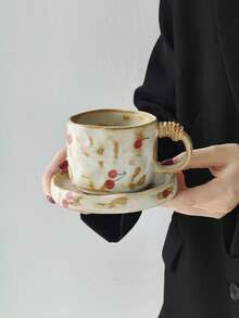 1set Vintage Crackle Glaze Ceramic Coffee Cup & Saucer Set, Cherry & Strawberry Mugs, Breakfast Milk Cup, Bread Plate, Home Afternoon Tea Coffee Cup, Latte Art Cup, Juice Beverage Cup, Couple Water Cup, Holiday Gift For Family & Friends