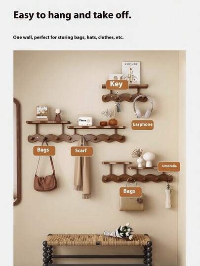 1个壁挂式衣帽架，带挂钩 - 安装简便，无需钻孔，多功能收纳架，适用于卧室、客厅、玄关 - 休闲风格