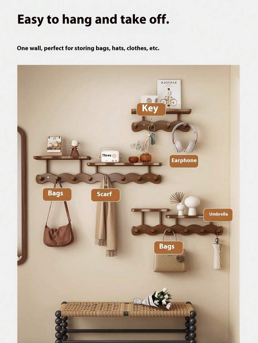 1 pieza Perchero de pared con ganchos - Fácil de instalar, sin necesidad de taladrar, estante de almacenamiento multifuncional para dormitorio, sala de estar, entrada - Estilo casual