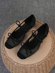 Women's Ballet Flats, Fashionable Square Toe Slip-On Soft Bottom Shoes, Versatile Flat Shoes, Black Hollow Flat Bowknot Loafers, Size Run Large, Plus Size 35-43