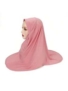 1pc Instant Hijab, Arab-Style Double-Layered Round Edge Headscarf, Medium Size Undercap, High-Elasticity Yarn, New Pearl-Studded Solid Color Headwrap, Chin-Covering & Easy-To-Wear Headwrap, For Malay And Indonesian