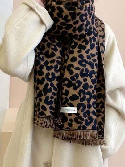 1pc Women's Scarf, New Fashionable Leopard Print Jacquard Double-Sided Shawl, Warm & Comfortable Neck Wrap For Autumn/Winter