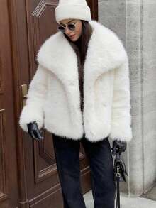 人造皮草外套，女士秋季外套，皮草大衣，女式大衣，白色，黑色，酒红色，灰色，米色，红色外套，皮草上衣，蓬松外套 - 白色 - 查看 4
