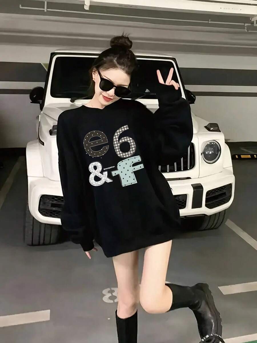 Fall/Winter 350g Y2K Women's Printed Relaxed Wide Fit Streetwear Round Neck Long Sleeve Hoodie - Black - View 1