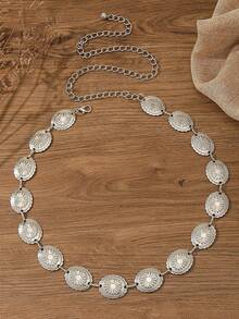 1条时尚复古银色链条腰带，饰有花卉图案，时尚百搭，适合搭配连衣裙、套装、休闲装、派对、节日、波西米亚风，是一款多功能身体配饰，尺码齐全，适合夏季、秋季、万圣节等各种场合。