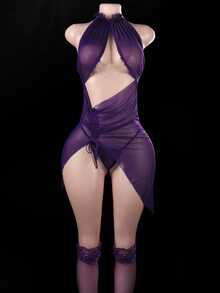 Women's Sexy Temptation Sleepwear Lingerie Set - Through Dress &  Lace Thigh High Stockings - With Slit And Dance Skirt Design - 紫色 - 查看 2