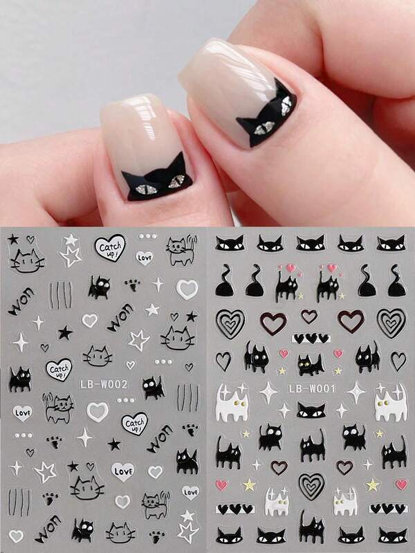 4PCS Music Black Cat Star Halloween Headless Ghost Cartoon Cute Nail Art Stickers - Animal Nail Decals DIY Nail Art Supplies Ornaments Japanese Style Stick It On Your Nails, Apply A Layer Of Clear Nail Polish Or Top Coat On The Surface, Your Nails Will Look More Beautiful And The Nail Stickers Will Last Longer