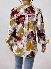 Floral Print Button Front Lantern Sleeve Shirt, Vacation