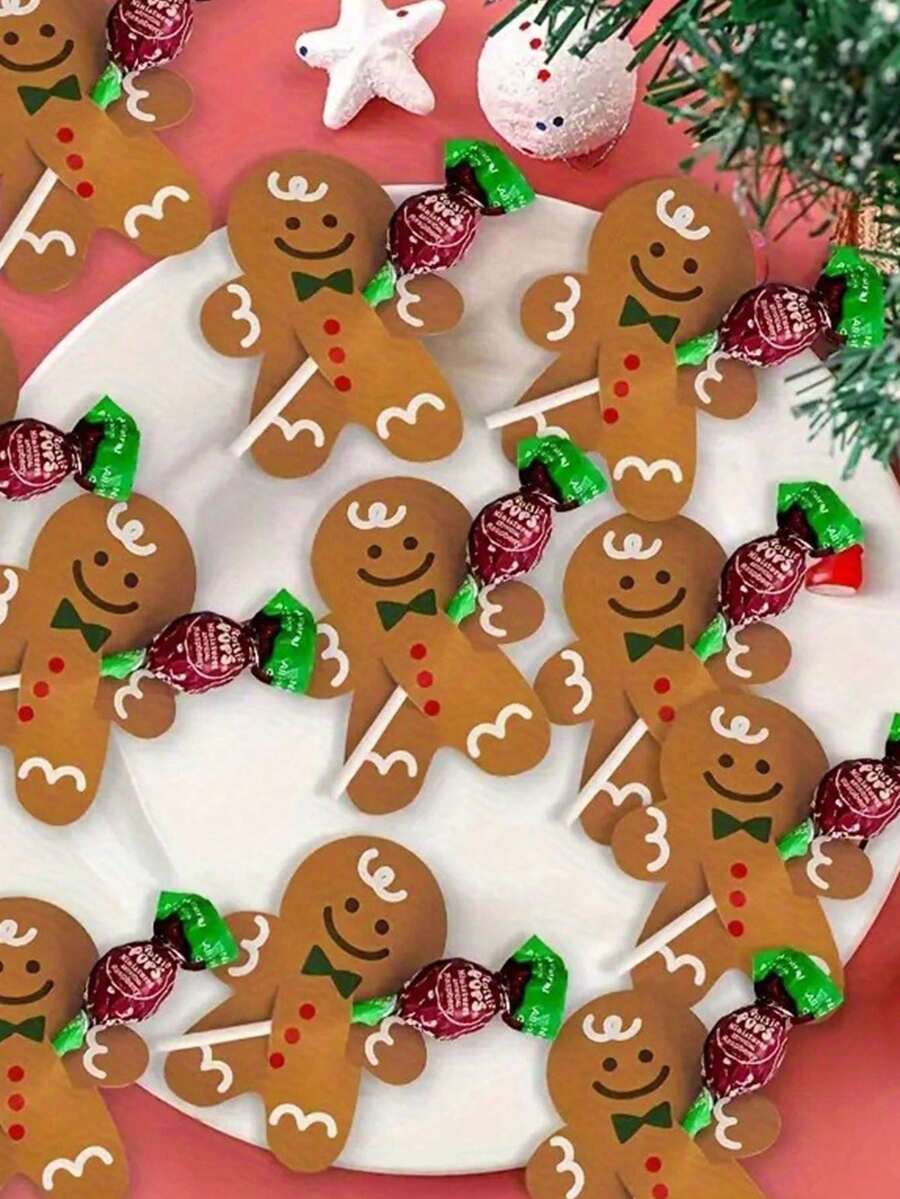 100pcs Christmas Gingerbread Man Lollipop Cards, Christmas Lollipop Decoration Cards, No Candy Included, Christmas Themed Creative Design DIY Christmas Party Decoration Paper Cards, Suitable For Candy Gifts, Christmas Party Decorations, Lollipop Paper Card DIY Decorations, Christmas Party Gifts And Supplies - Brown - View 1