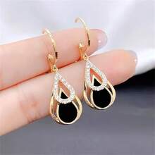 Fashionable Unique Niche Korean Style Ins Black Water Drop Earrings High-End Light Luxury Elegant Versatile Commemorative Gift Earrings - 金色 - 查看 6