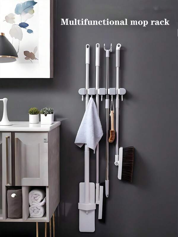 1 Pc Broom Mop Holder Wall Mount, Hanger Storage Organizer For Home, Kitchen, Garage, Garden, Laundry Room, Bathroom Organization And Storage 4 Racks 5 Hooks(White And Gray)