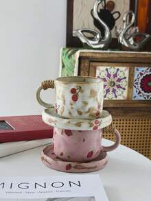 1set Vintage Crackle Glaze Ceramic Coffee Cup & Saucer Set, Cherry & Strawberry Mugs, Breakfast Milk Cup, Bread Plate, Home Afternoon Tea Coffee Cup, Latte Art Cup, Juice Beverage Cup, Couple Water Cup, Holiday Gift For Family & Friends