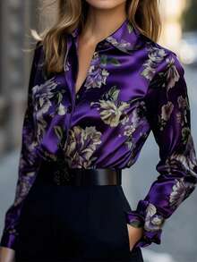 1 pieza Camisa de manga larga con botones y estampado floral, adecuada para vacaciones, días festivos, oficina, uso diario, fiesta de cumpleaños, regreso a clases, primavera y otoño