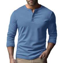 Autumn Winter Casual Crew Neck Henley Shirt Slim Fit Solid Color Base Long Sleeve Shirt Men's T-Shirt
