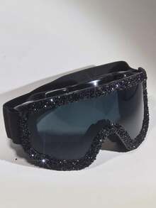 POLASUP 3-In-1 Set: 1pc Black Densely Set Rhinestone Decor Extra-Large Ski Goggles, Women's Full Coverage Protective Fashion Soft Ski Goggles, Anti-Fog Glasses Cloth Easy Comfort Casual Outfits Outdoor Cycling Glasses For Summer Beach Vacation,Outdoor,Travel Halloween Costumes Accessories Snow Windproof - 黑碎水鑽/黑框/灰鏡片/加厚海綿 - 查看 9