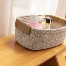 1pc Woven Oval/Round Shallow Storage Basket, Mini Cotton Rope Decorative Small Storage Box, Bathroom Organizer