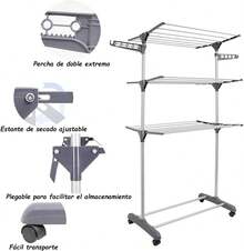 AKASENKO Tendedero Plegable de 3 Niveles,Tendedero de Ropa Plegable Vertical,Soportes Tendederos, Perchaóvil con alas Plegables y Ruedas,Tendedero Retráctil,Portátil. (Gris) - Azul - Ver 1