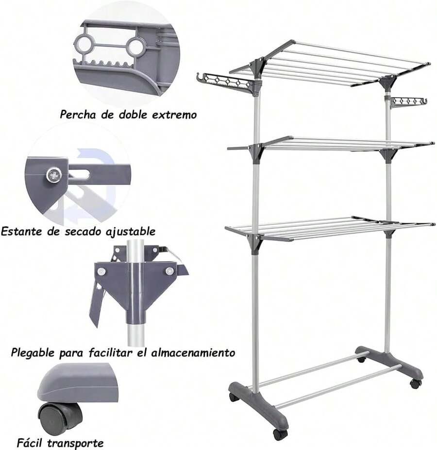 AKASENKO Tendedero Plegable de 3 Niveles,Tendedero de Ropa Plegable Vertical,Soportes Tendederos, Perchaóvil con alas Plegables y Ruedas,Tendedero Retráctil,Portátil. (Gris) - Azul - Ver 1
