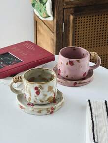 1set Vintage Crackle Glaze Ceramic Coffee Cup & Saucer Set, Cherry & Strawberry Mugs, Breakfast Milk Cup, Bread Plate, Home Afternoon Tea Coffee Cup, Latte Art Cup, Juice Beverage Cup, Couple Water Cup, Holiday Gift For Family & Friends