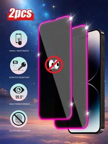 2pcs Purple Framed Tempered Glass Screen Protector, Anti-Spy Anti-Fingerprint, Glow In The Dark, Compatible With Apple 11/12/13/14/15 Pro Max/16 Plus/16 Pro/16 Pro Max/16e/17/17 Air/17 Pro/17 Pro Max - Purple - View 2