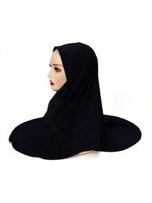 1pc Instant Hijab, Arab-Style Double-Layered Round Edge Headscarf, Medium Size Undercap, High-Elasticity Yarn, New Pearl-Studded Solid Color Headwrap, Chin-Covering & Easy-To-Wear Headwrap, For Malay And Indonesian