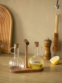 1 件高硼硅玻璃油瓶，带木架和盖子，酱油/醋分配器，耐热厨房液体储存 - 彩色 - 查看 4