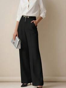 Pantalon femme à jambe ample de couleur unie avec pendentif chaîne métallique, style minimaliste mode, printemps/été - Noir - Voir 5