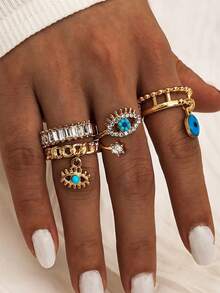 4pcs/Set Rhinestone Hollow Geometric Devil's Eye Rings Set, Suitable For Women's Daily And Party Wear, Gift, Autumn/Winter Women's Jewelry, Women's Accessories