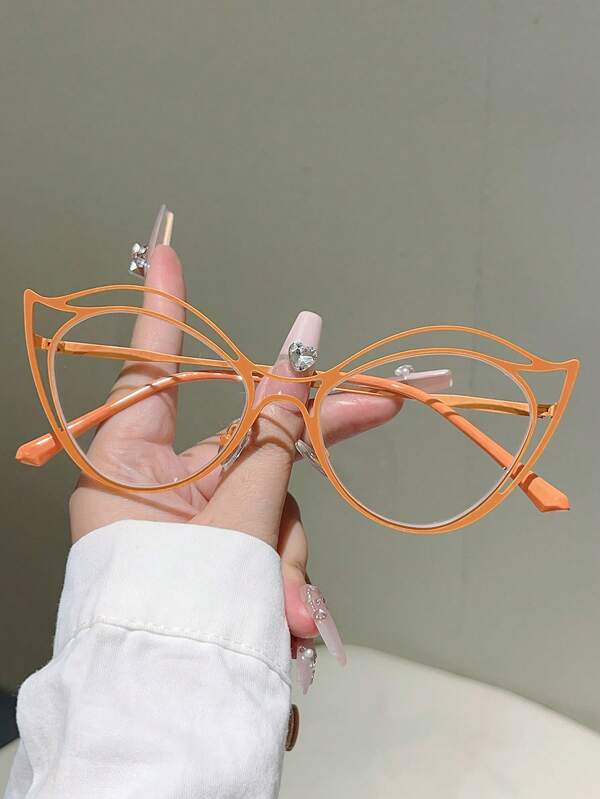 1 Pc Women's New Cat Eye Style Fashion Glasses Solid Color Design Eyewear Hollow Out Metal Frame Design Simple Style Decorative Glasses